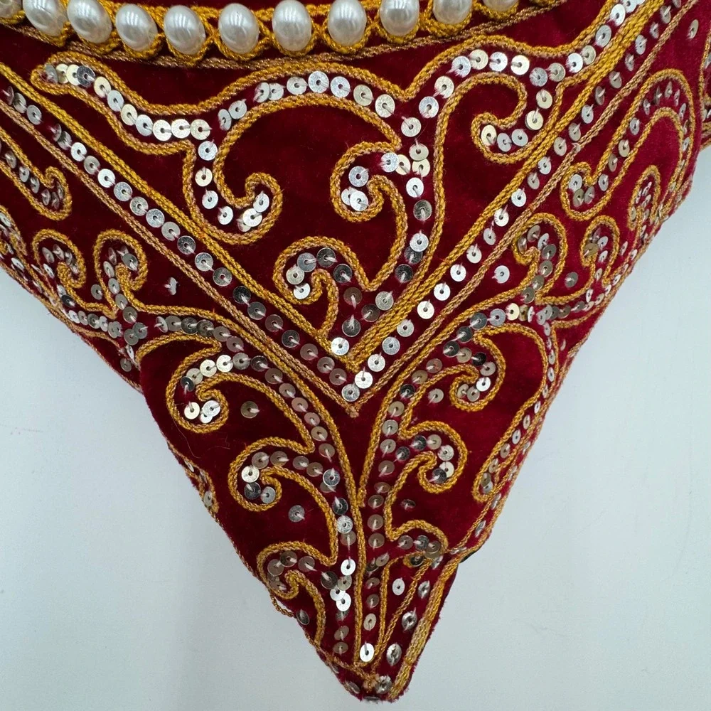 Handmade Elephant Throw Pillow Red Velvet Beaded Sequin‎ Boho Decor